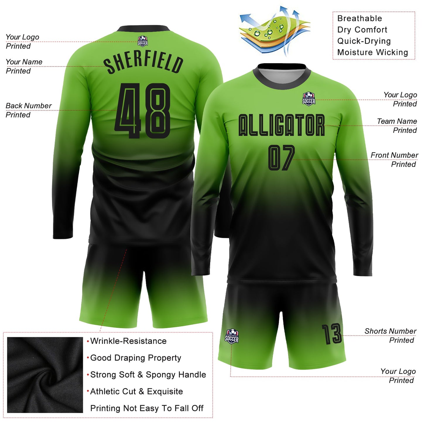 Custom Neon Green Black Sublimation Long Sleeve Fade Fashion Soccer Uniform Jersey - Sky-Custom