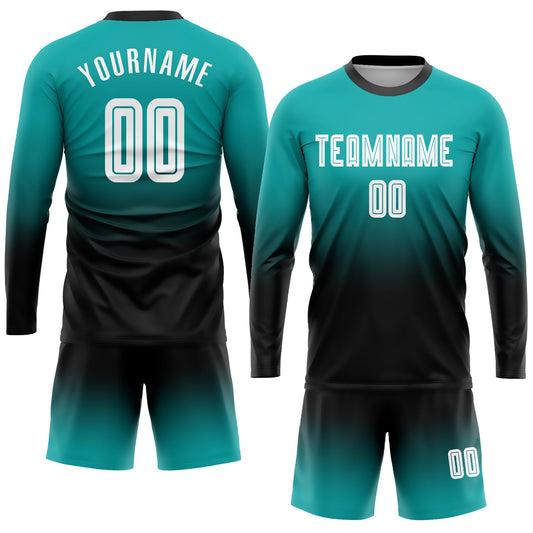 Custom Aqua White-Black Sublimation Long Sleeve Fade Fashion Soccer Uniform Jersey - Sky-Custom