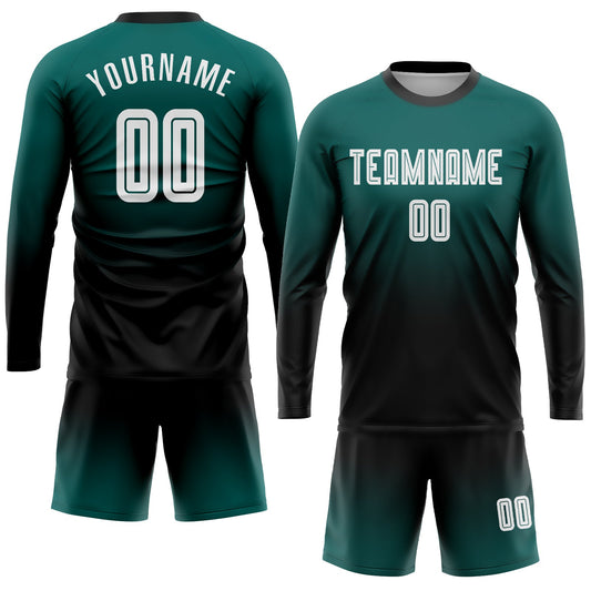 Custom Midnight Green White-Black Sublimation Long Sleeve Fade Fashion Soccer Uniform Jersey - Sky-Custom
