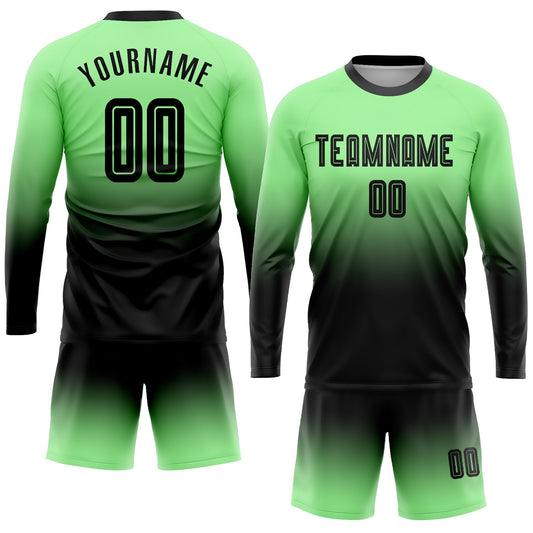Custom Pea Green Black Sublimation Long Sleeve Fade Fashion Soccer Uniform Jersey - Sky-Custom