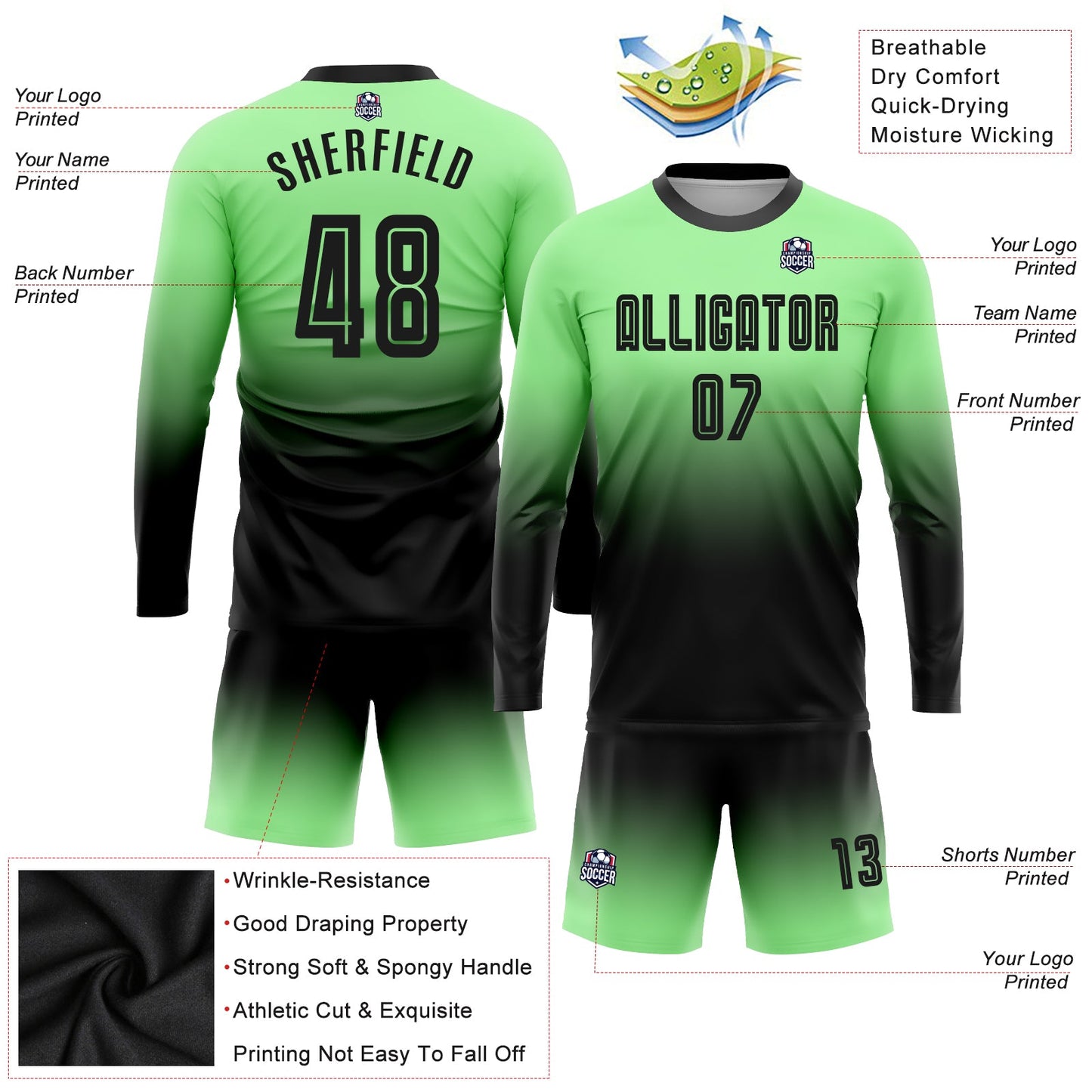 Custom Pea Green Black Sublimation Long Sleeve Fade Fashion Soccer Uniform Jersey - Sky-Custom