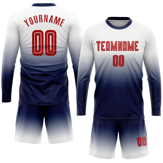 Custom White Red-Navy Sublimation Long Sleeve Fade Fashion Soccer Uniform Jersey - Sky-Custom