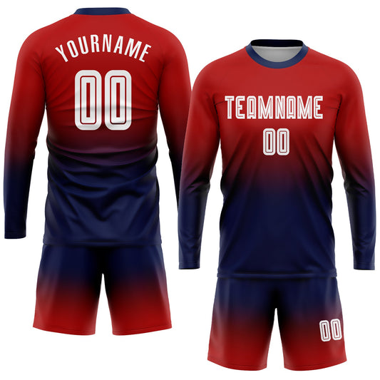Custom Red White-Navy Sublimation Long Sleeve Fade Fashion Soccer Uniform Jersey - Sky-Custom