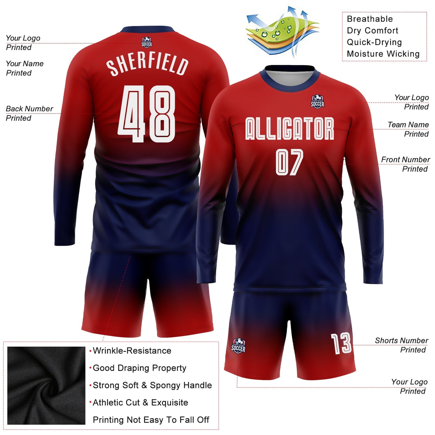 Custom Red White-Navy Sublimation Long Sleeve Fade Fashion Soccer Uniform Jersey - Sky-Custom