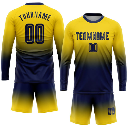Custom Gold Navy Sublimation Long Sleeve Fade Fashion Soccer Uniform Jersey - Sky-Custom