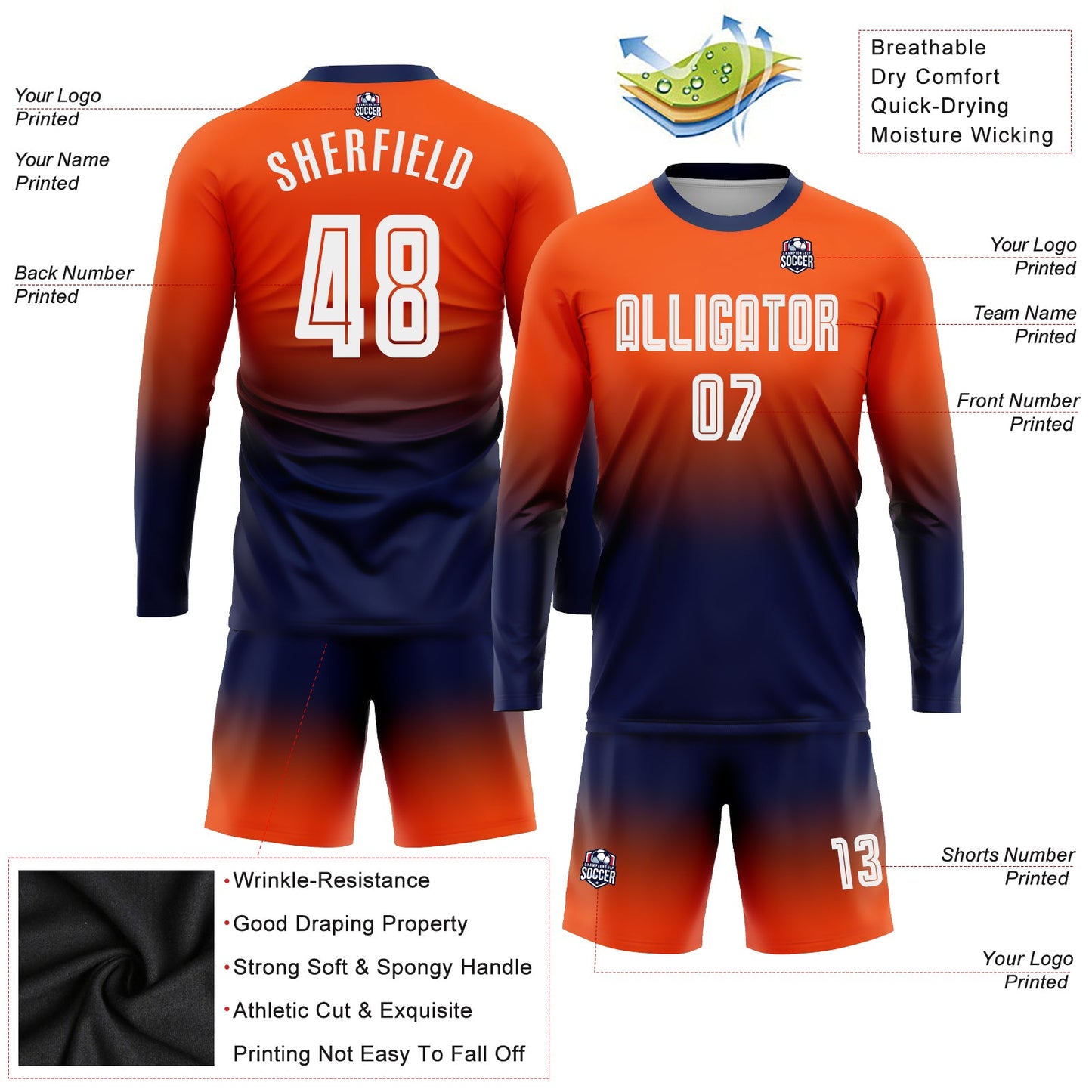 Custom Orange White-Navy Sublimation Long Sleeve Fade Fashion Soccer Uniform Jersey - Sky-Custom