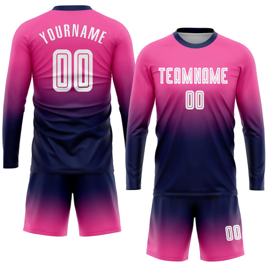 Custom Pink White-Navy Sublimation Long Sleeve Fade Fashion Soccer Uniform Jersey - Sky-Custom