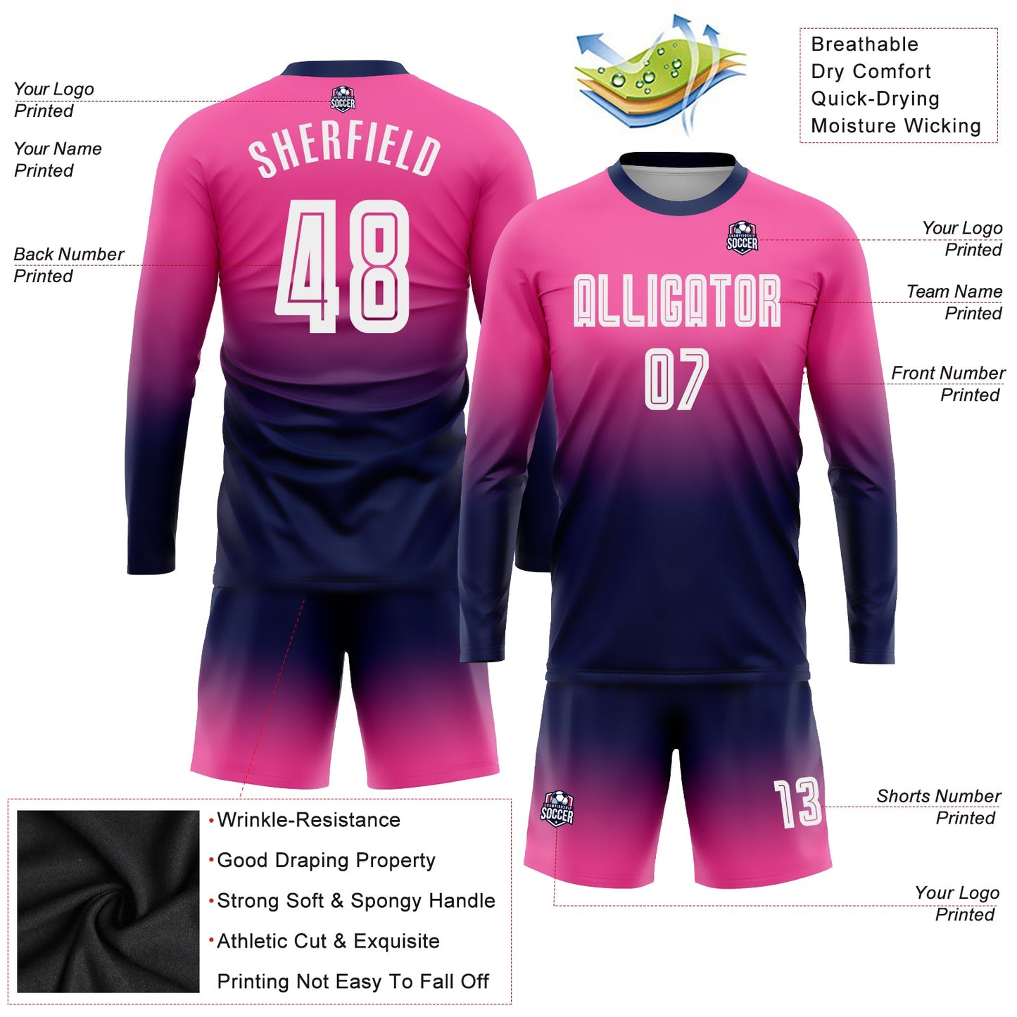 Custom Pink White-Navy Sublimation Long Sleeve Fade Fashion Soccer Uniform Jersey - Sky-Custom