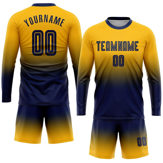 Custom Gold Navy Sublimation Long Sleeve Fade Fashion Soccer Uniform Jersey - Sky-Custom