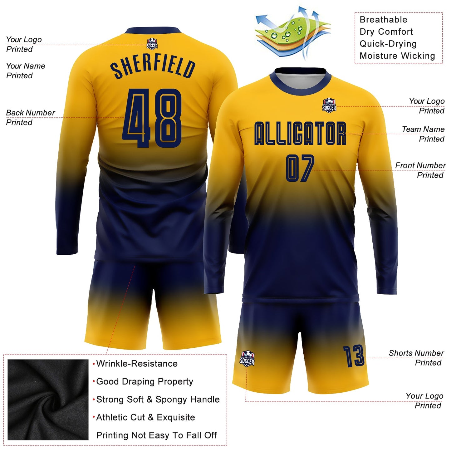 Custom Gold Navy Sublimation Long Sleeve Fade Fashion Soccer Uniform Jersey - Sky-Custom