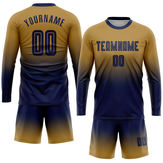 Custom Old Gold Navy Sublimation Long Sleeve Fade Fashion Soccer Uniform Jersey - Sky-Custom