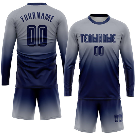 Custom Gray Navy Sublimation Long Sleeve Fade Fashion Soccer Uniform Jersey - Sky-Custom