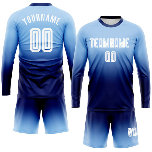 Custom Light Blue White-Navy Sublimation Long Sleeve Fade Fashion Soccer Uniform Jersey - Sky-Custom
