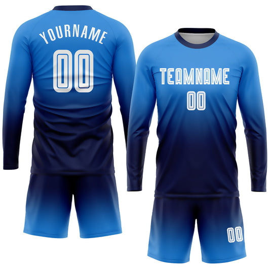 Custom Powder Blue White-Navy Sublimation Long Sleeve Fade Fashion Soccer Uniform Jersey - Sky-Custom