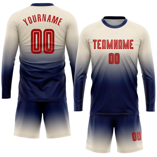 Custom Cream Red-Navy Sublimation Long Sleeve Fade Fashion Soccer Uniform Jersey - Sky-Custom