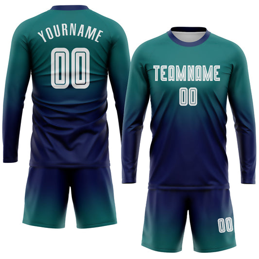 Custom Teal White-Navy Sublimation Long Sleeve Fade Fashion Soccer Uniform Jersey - Sky-Custom