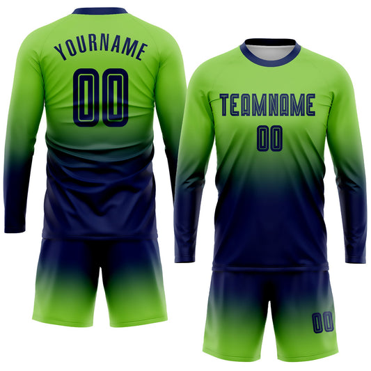 Custom Neon Green Navy Sublimation Long Sleeve Fade Fashion Soccer Uniform Jersey - Sky-Custom