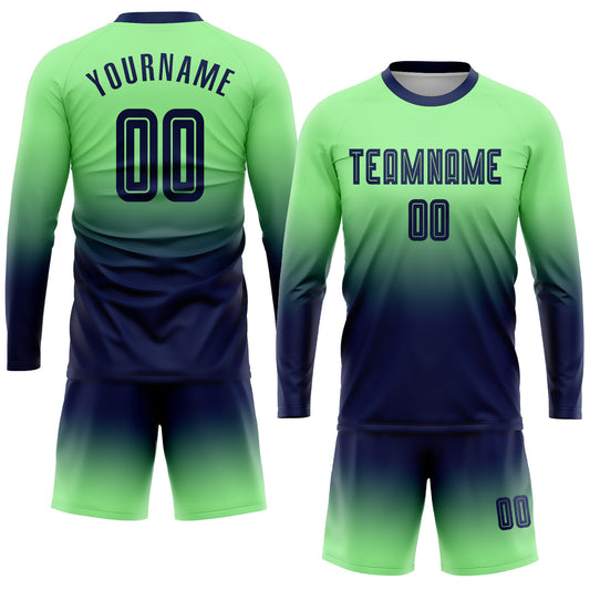 Custom Pea Green Navy Sublimation Long Sleeve Fade Fashion Soccer Uniform Jersey - Sky-Custom