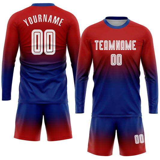 Custom Red White-Royal Sublimation Long Sleeve Fade Fashion Soccer Uniform Jersey - Sky-Custom