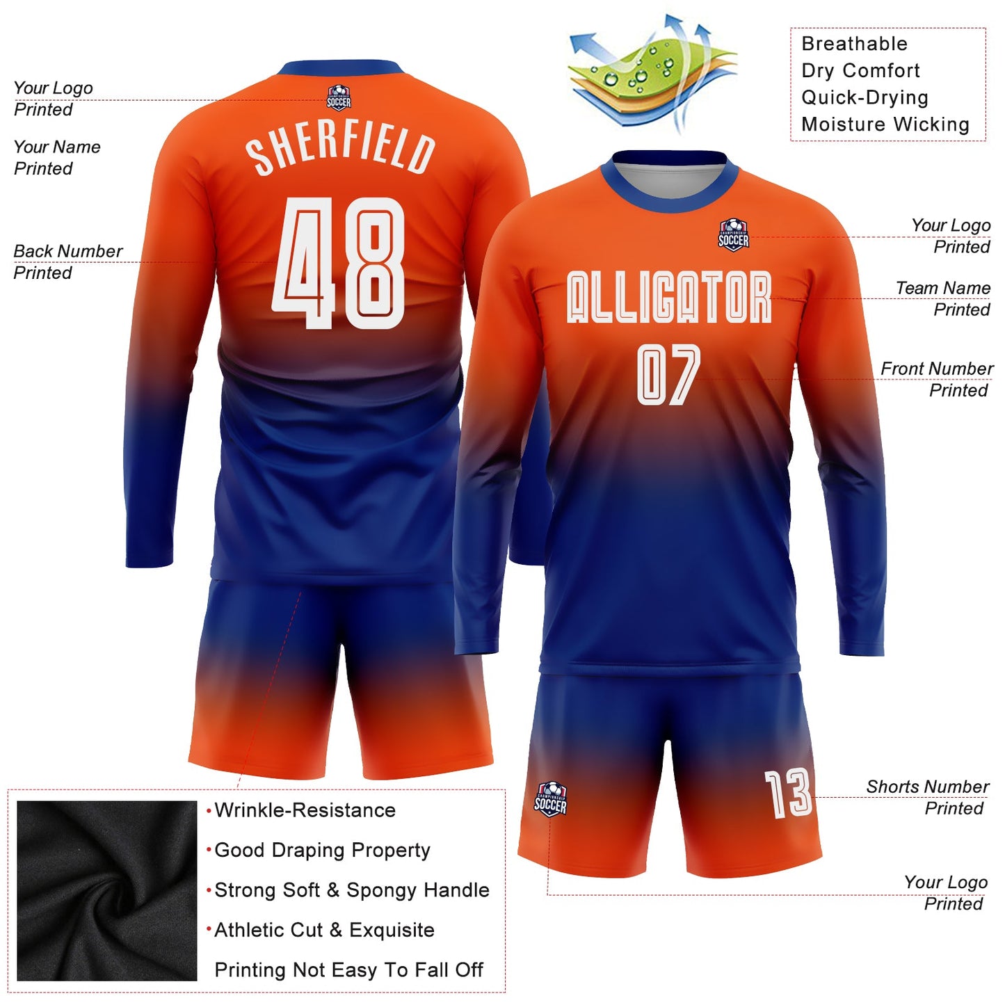Custom Orange White-Royal Sublimation Long Sleeve Fade Fashion Soccer Uniform Jersey - Sky-Custom