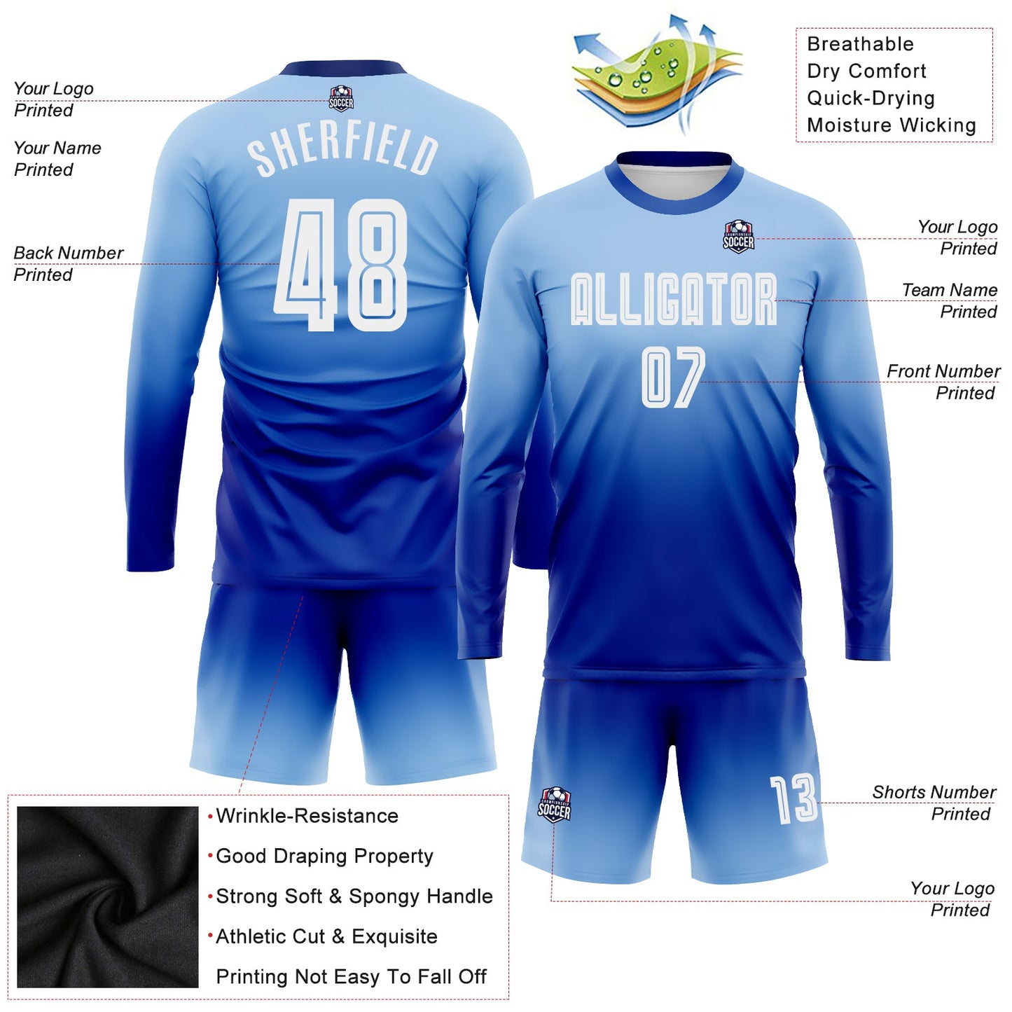 Custom Light Blue White-Royal Sublimation Long Sleeve Fade Fashion Soccer Uniform Jersey - Sky-Custom