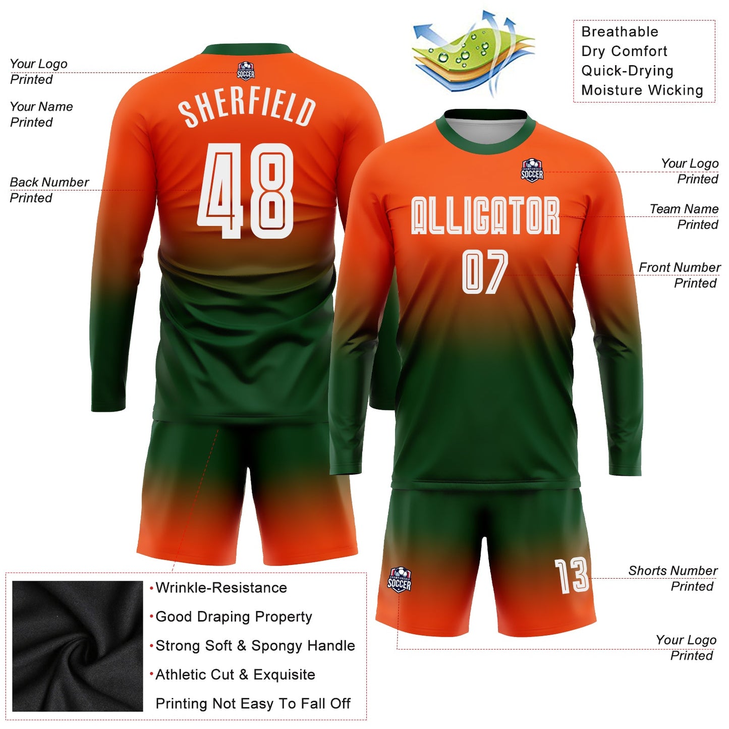 Custom Orange White-Green Sublimation Long Sleeve Fade Fashion Soccer Uniform Jersey - Sky-Custom