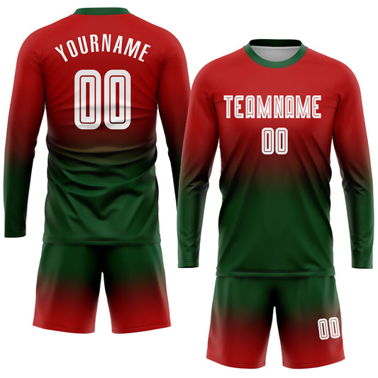 Custom Red White-Green Sublimation Long Sleeve Fade Fashion Soccer Uniform Jersey - Sky-Custom