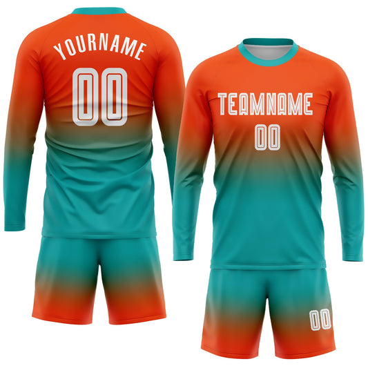 Custom Orange White-Aqua Sublimation Long Sleeve Fade Fashion Soccer Uniform Jersey - Sky-Custom