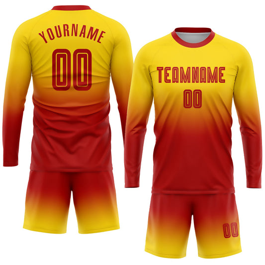 Custom Gold Red Sublimation Long Sleeve Fade Fashion Soccer Uniform Jersey - Sky-Custom