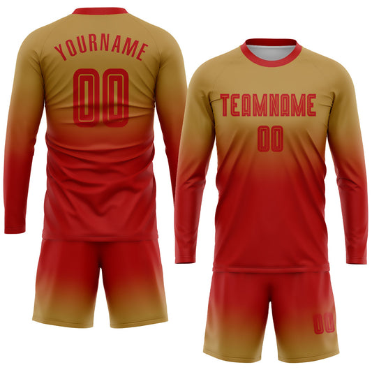 Custom Old Gold Red Sublimation Long Sleeve Fade Fashion Soccer Uniform Jersey - Sky-Custom