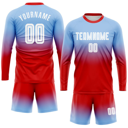 Custom Light Blue White-Red Sublimation Long Sleeve Fade Fashion Soccer Uniform Jersey - Sky-Custom