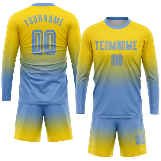 Custom Gold Light Blue Sublimation Long Sleeve Fade Fashion Soccer Uniform Jersey - Sky-Custom