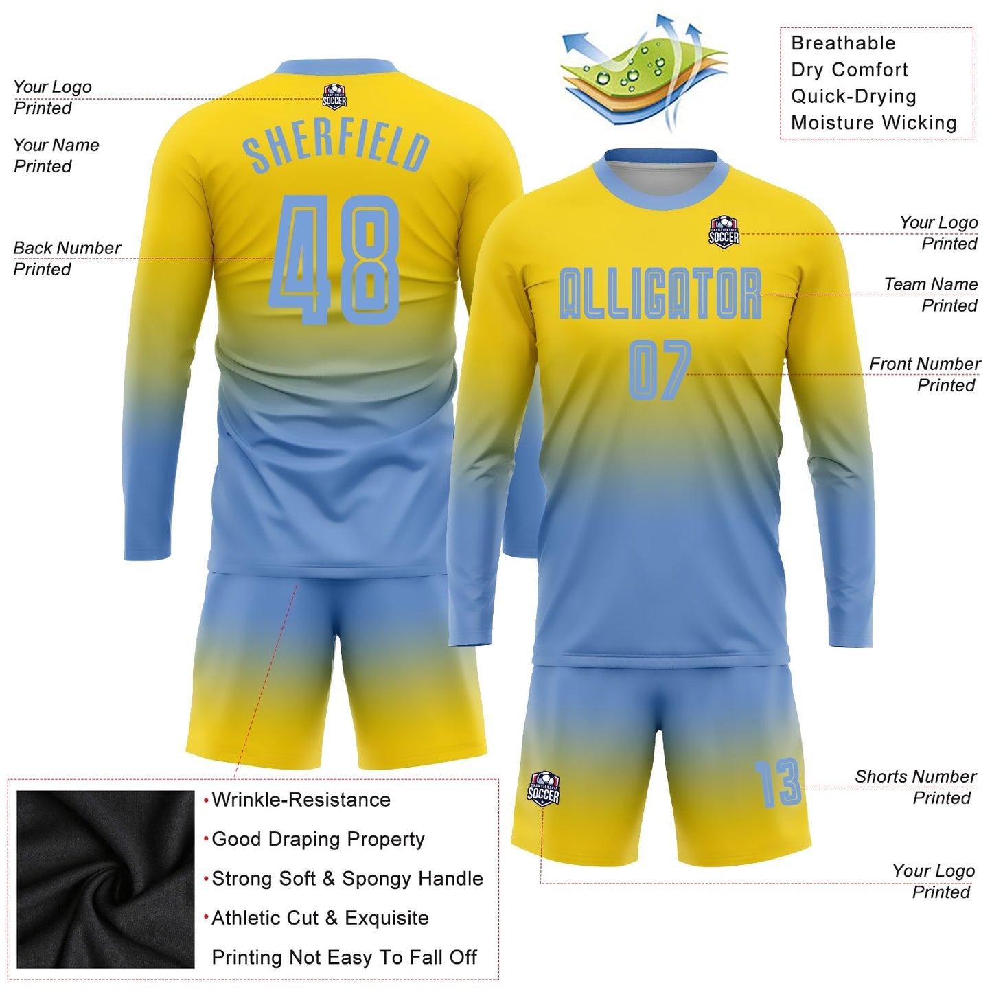Custom Gold Light Blue Sublimation Long Sleeve Fade Fashion Soccer Uniform Jersey - Sky-Custom
