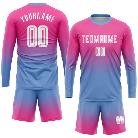 Custom Pink White-Light Blue Sublimation Long Sleeve Fade Fashion Soccer Uniform Jersey - Sky-Custom