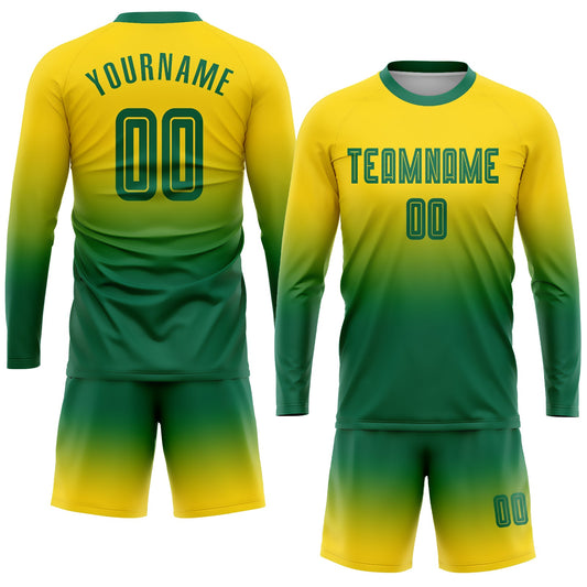 Custom Gold Kelly Green Sublimation Long Sleeve Fade Fashion Soccer Uniform Jersey - Sky-Custom