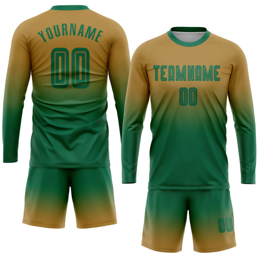 Custom Old Gold Kelly Green Sublimation Long Sleeve Fade Fashion Soccer Uniform Jersey - Sky-Custom