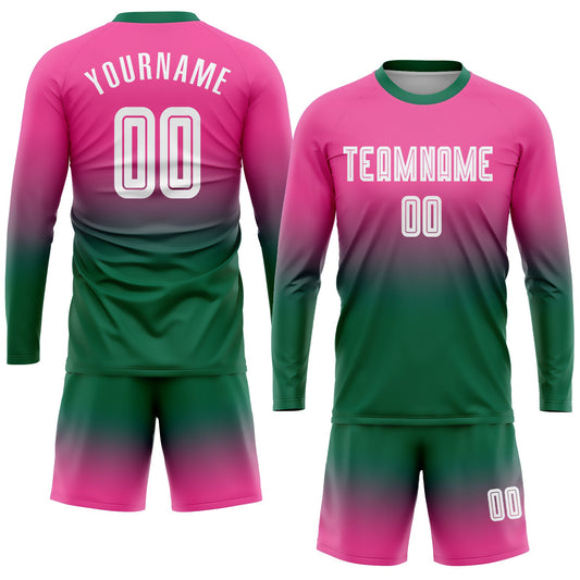 Custom Pink White-Kelly Green Sublimation Long Sleeve Fade Fashion Soccer Uniform Jersey - Sky-Custom