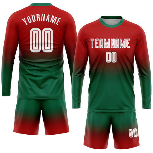 Custom Red White-Kelly Green Sublimation Long Sleeve Fade Fashion Soccer Uniform Jersey - Sky-Custom