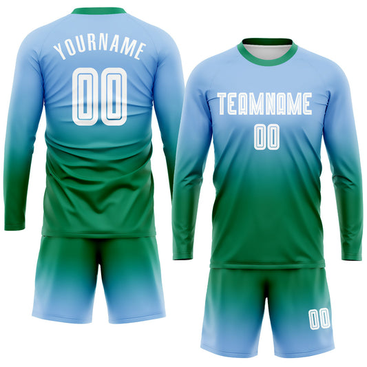 Custom Light Blue White-Kelly Green Sublimation Long Sleeve Fade Fashion Soccer Uniform Jersey - Sky-Custom