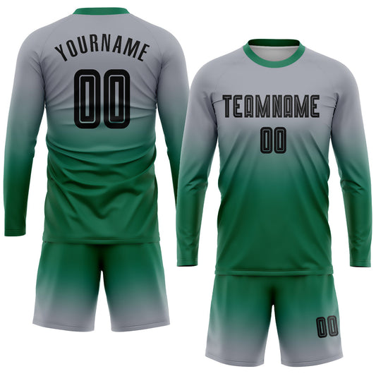Custom Gray Black-Kelly Green Sublimation Long Sleeve Fade Fashion Soccer Uniform Jersey - Sky-Custom