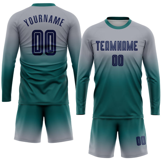 Custom Gray Navy-Teal Sublimation Long Sleeve Fade Fashion Soccer Uniform Jersey - Sky-Custom