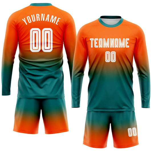 Custom Orange White-Teal Sublimation Long Sleeve Fade Fashion Soccer Uniform Jersey - Sky-Custom