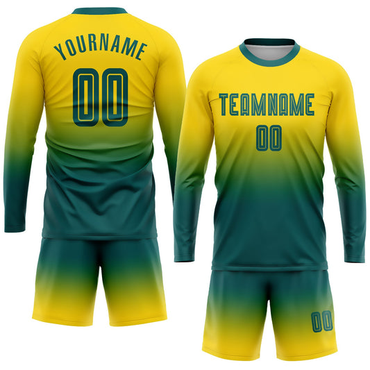 Custom Gold Teal Sublimation Long Sleeve Fade Fashion Soccer Uniform Jersey - Sky-Custom