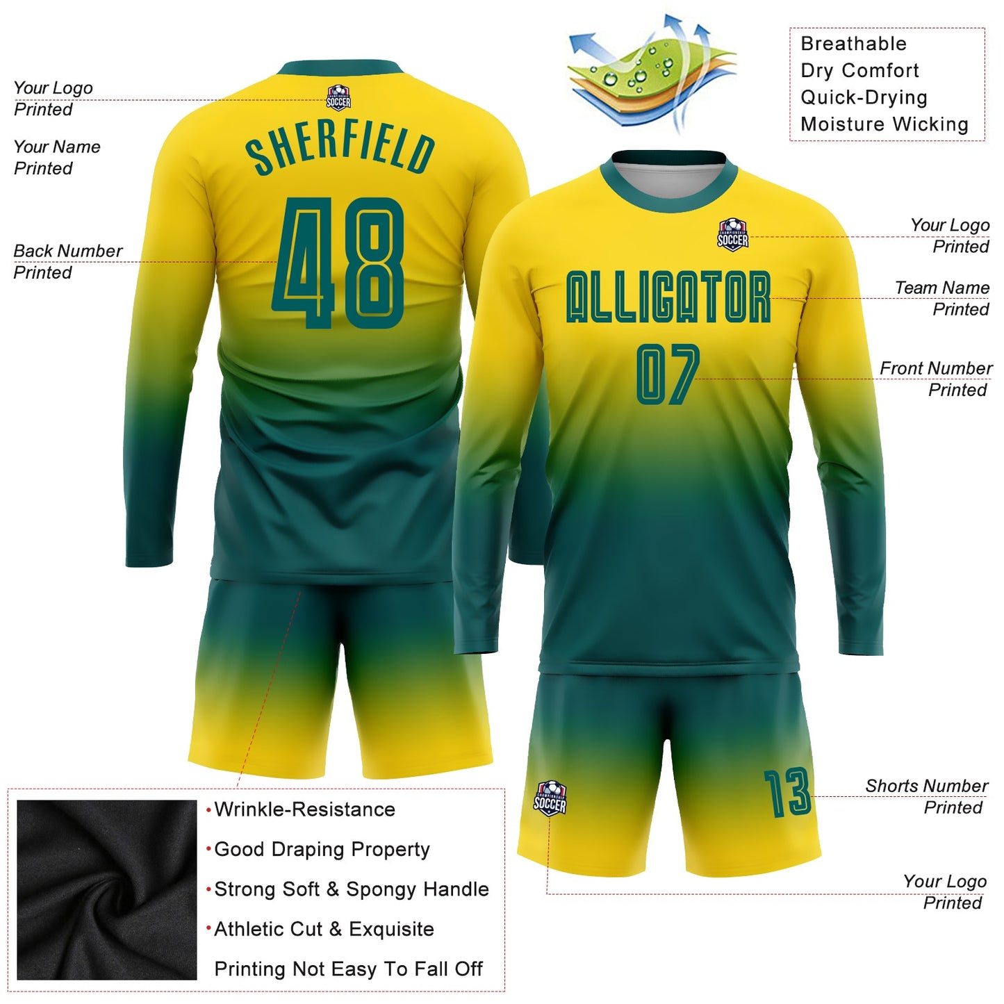 Custom Gold Teal Sublimation Long Sleeve Fade Fashion Soccer Uniform Jersey - Sky-Custom