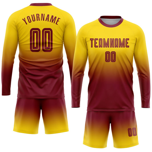 Custom Gold Crimson Sublimation Long Sleeve Fade Fashion Soccer Uniform Jersey - Sky-Custom