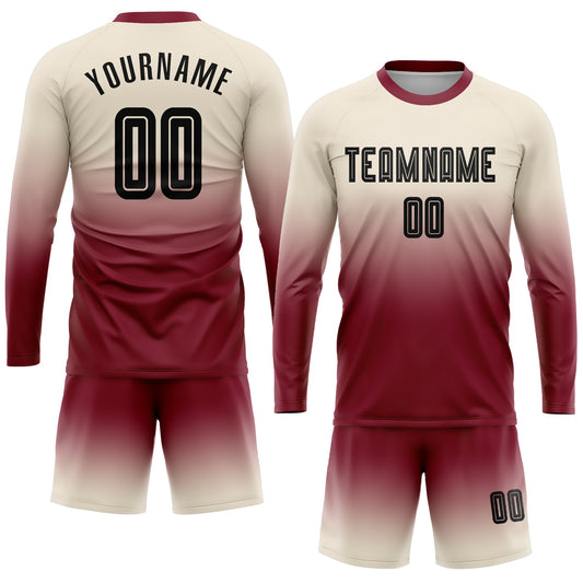 Custom Cream Black-Crimson Sublimation Long Sleeve Fade Fashion Soccer Uniform Jersey - Sky-Custom