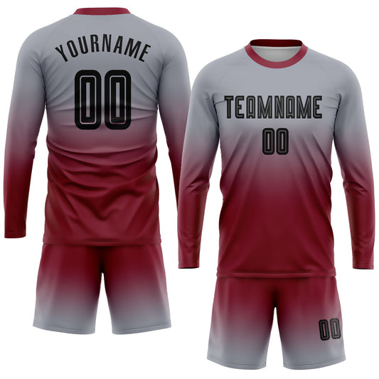 Custom Gray Black-Crimson Sublimation Long Sleeve Fade Fashion Soccer Uniform Jersey - Sky-Custom