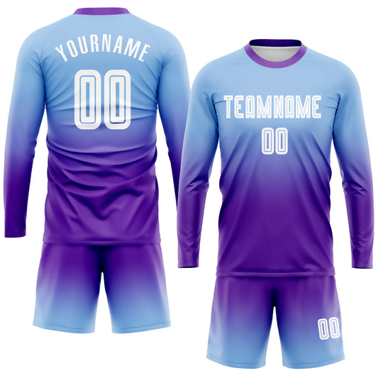 Custom Light Blue White-Purple Sublimation Long Sleeve Fade Fashion Soccer Uniform Jersey - Sky-Custom