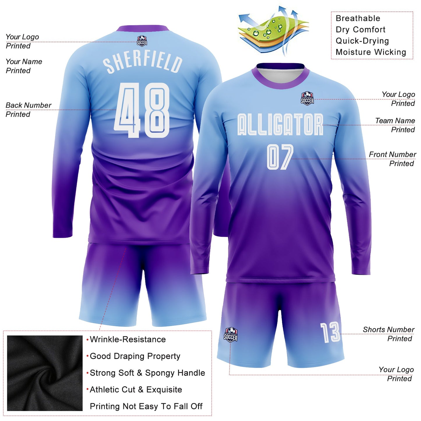 Custom Light Blue White-Purple Sublimation Long Sleeve Fade Fashion Soccer Uniform Jersey - Sky-Custom