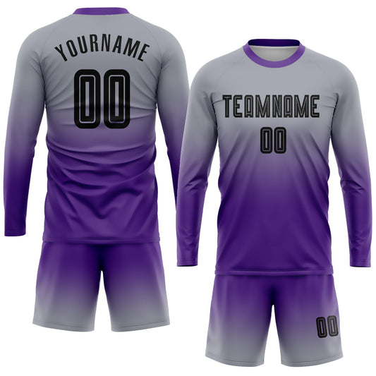 Custom Gray Black-Purple Sublimation Long Sleeve Fade Fashion Soccer Uniform Jersey - Sky-Custom